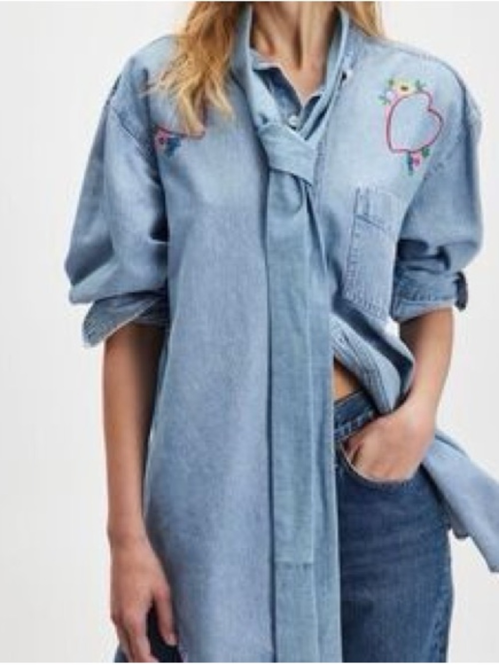 $350 FREE PEOPLE Tricia Fix Light Wash Embroidered Denim Shirt Hearts M L XL - Picture 5 of 7